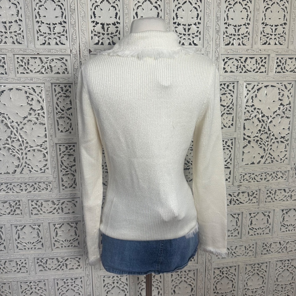 Chadwicks Ivory Button Up Cardigan With Fringe Trim & Pockets Sz Small - Picture 6 of 8